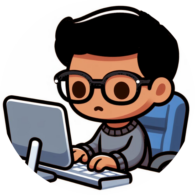 Cartoon avatar of a student with glasses using a laptop